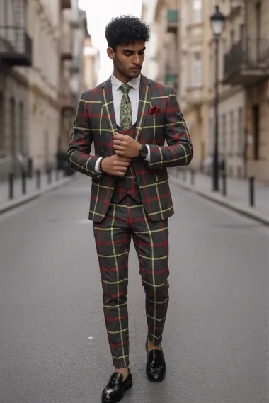Costum barbati slim fit in carouri B7917 81